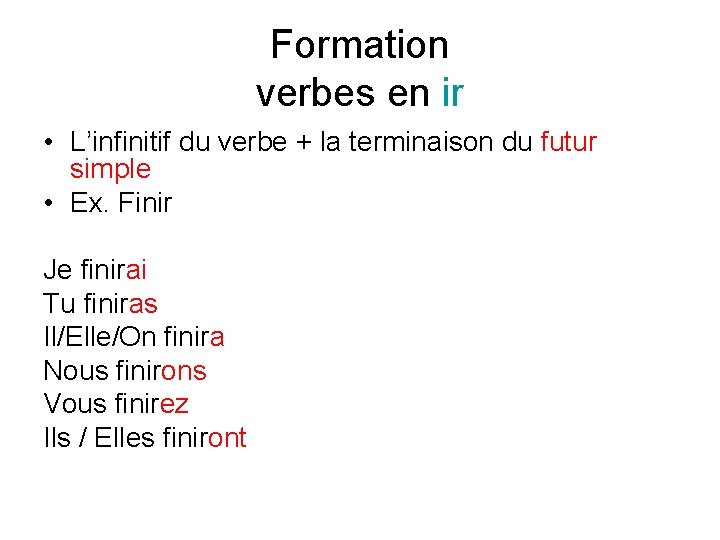 Formation verbes en ir • L’infinitif du verbe + la terminaison du futur simple