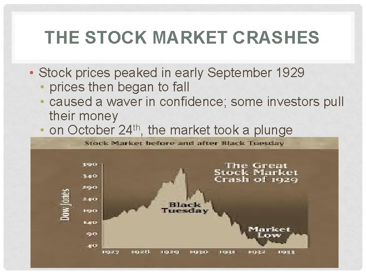 THE STOCK MARKET CRASHES • Stock prices peaked in early September 1929 • prices