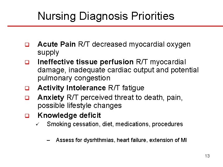 Nursing Diagnosis Priorities q q q Acute Pain R/T decreased myocardial oxygen supply Ineffective