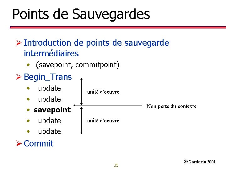 Points de Sauvegardes Ø Introduction de points de sauvegarde intermédiaires • (savepoint, commitpoint) Ø