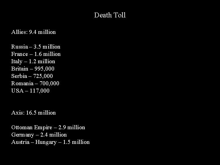 Death Toll Allies: 9. 4 million Russia – 3. 5 million France – 1. Death Toll Allies: 9. 4 million Russia – 3. 5 million France – 1.