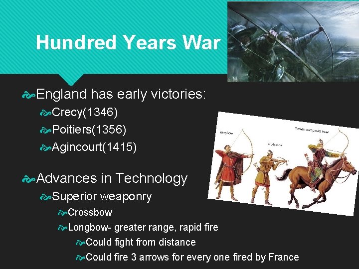 Hundred Years War England has early victories: Crecy(1346) Poitiers(1356) Agincourt(1415) Advances in Technology Superior