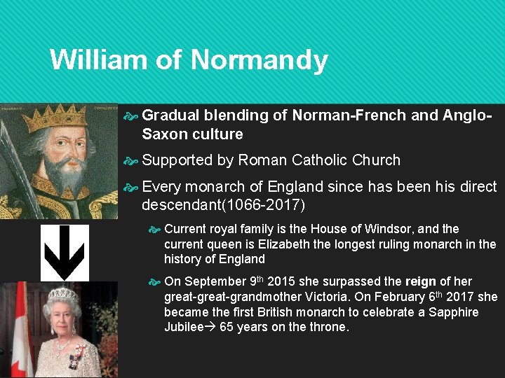 William of Normandy Gradual blending of Norman-French and Anglo. Saxon culture Supported by Roman