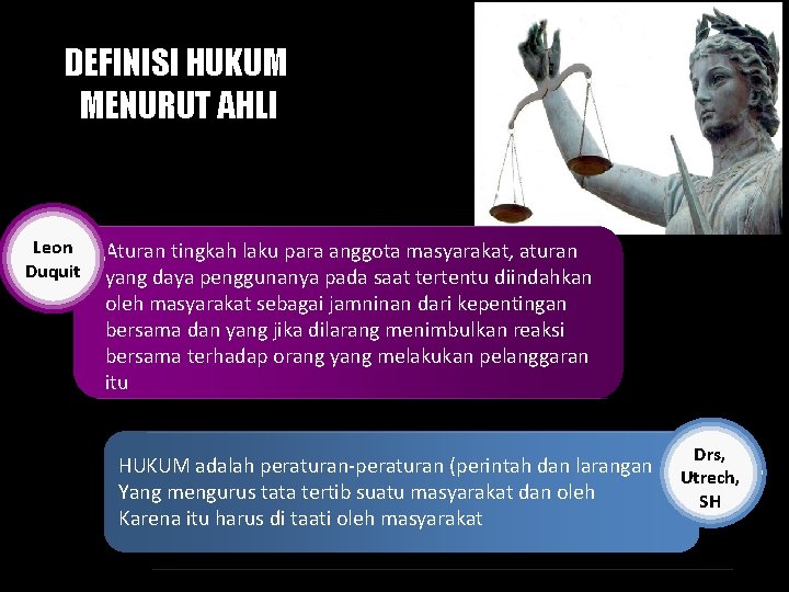 DEFINISI HUKUM MENURUT AHLI Leon Duquit Aturan tingkah laku para anggota masyarakat, aturan yang