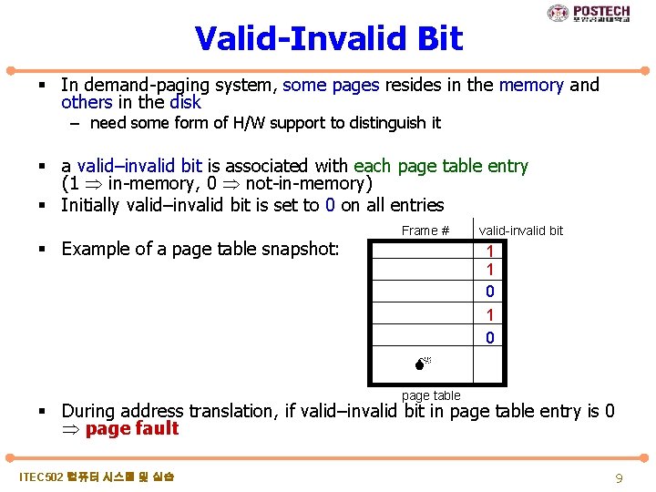 Valid-Invalid Bit § In demand-paging system, some pages resides in the memory and others