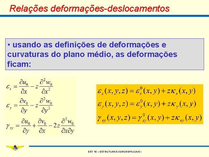 Relações deformações-deslocamentos • usando as definições de deformações e curvaturas do plano médio, as