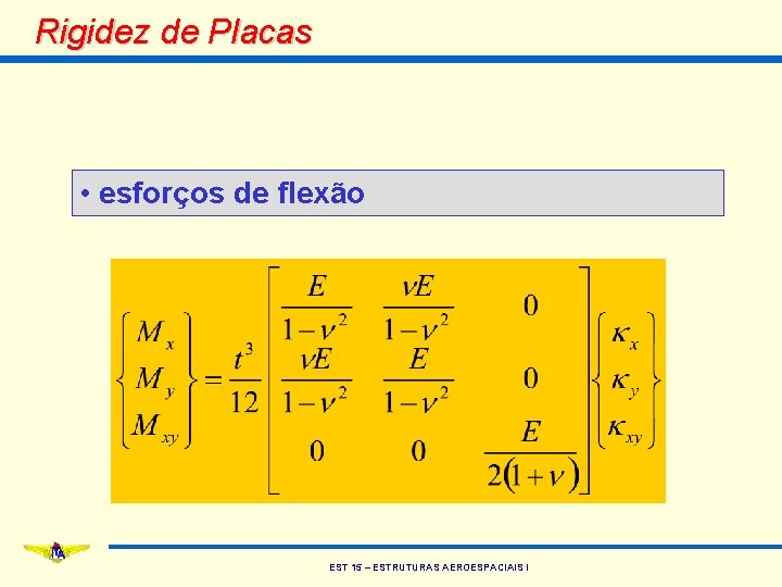 Rigidez de Placas • esforços de flexão EST 15 – ESTRUTURAS AEROESPACIAIS I Rigidez de Placas • esforços de flexão EST 15 – ESTRUTURAS AEROESPACIAIS I