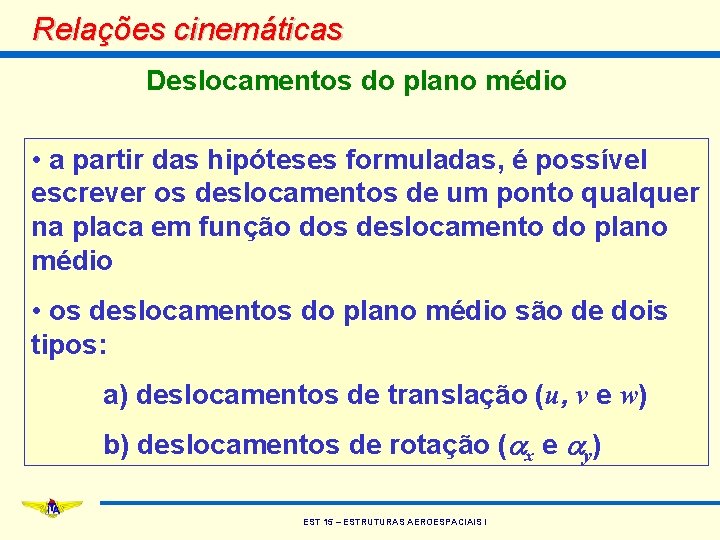 Relações cinemáticas Deslocamentos do plano médio • a partir das hipóteses formuladas, é possível