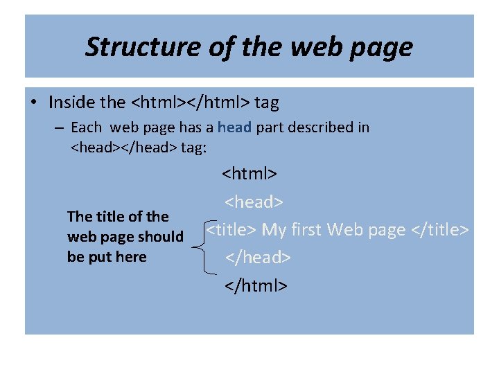 Structure of the web page • Inside the <html></html> tag – Each web page