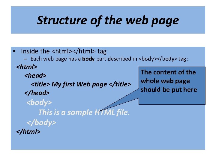Structure of the web page • Inside the <html></html> tag – Each web page