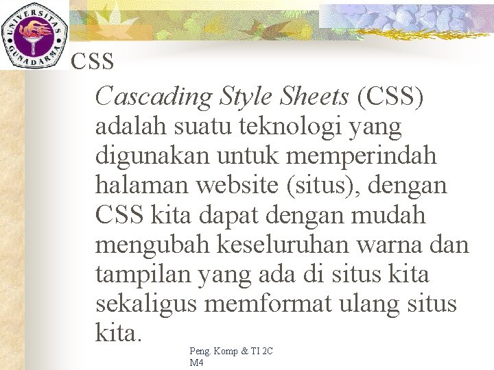 CSS Cascading Style Sheets (CSS) adalah suatu teknologi yang digunakan untuk memperindah halaman website