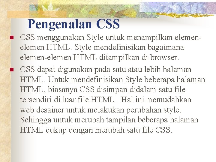 Pengenalan CSS n n CSS menggunakan Style untuk menampilkan elemen HTML. Style mendefinisikan bagaimana