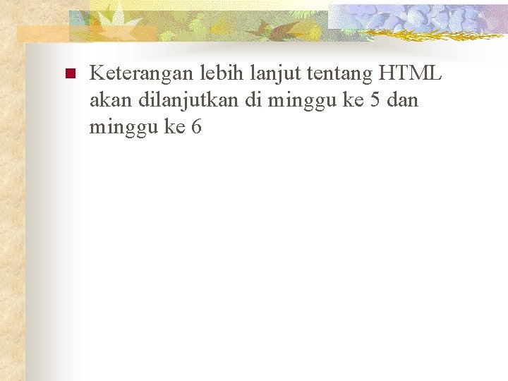 n Keterangan lebih lanjut tentang HTML akan dilanjutkan di minggu ke 5 dan minggu