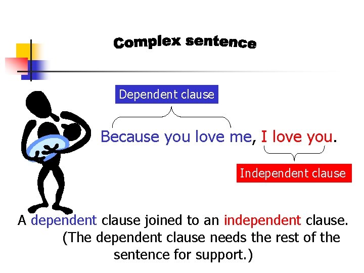 Dependent clause Because you love me, I love you. Independent clause A dependent clause
