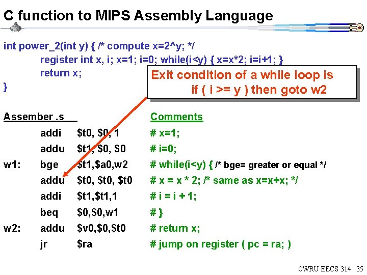 C function to MIPS Assembly Language int power_2(int y) { /* compute x=2^y; */ C function to MIPS Assembly Language int power_2(int y) { /* compute x=2^y; */