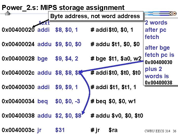 Power_2. s: MIPS storage assignment Byte address, not word address. text 0 x 00400020 Power_2. s: MIPS storage assignment Byte address, not word address. text 0 x 00400020
