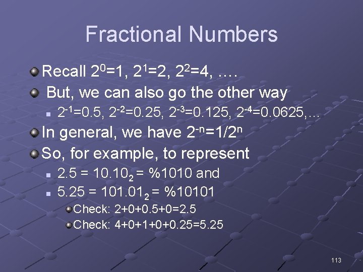 Fractional Numbers Recall 20=1, 21=2, 22=4, …. But, we can also go the other