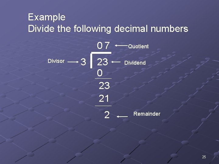 Example Divide the following decimal numbers 07 Divisor 3 23 0 23 21 2
