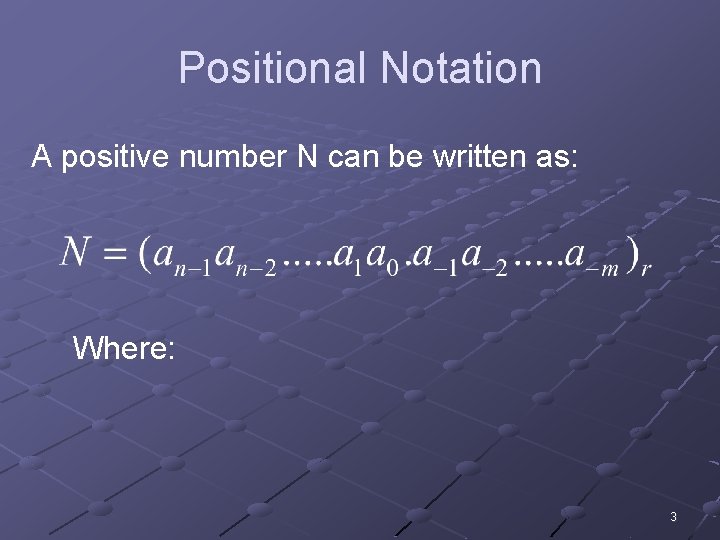 Positional Notation A positive number N can be written as: Where: 3 