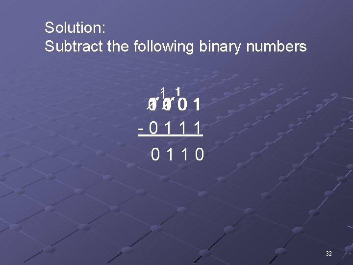 Solution: Subtract the following binary numbers 1 1 1 0 10 101 -0111 0110