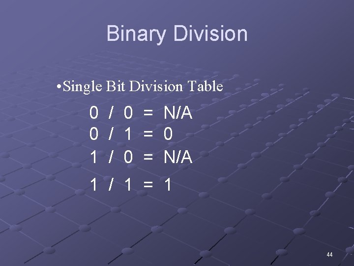 Binary Division • Single Bit Division Table 0 / 0 = N/A 0 /
