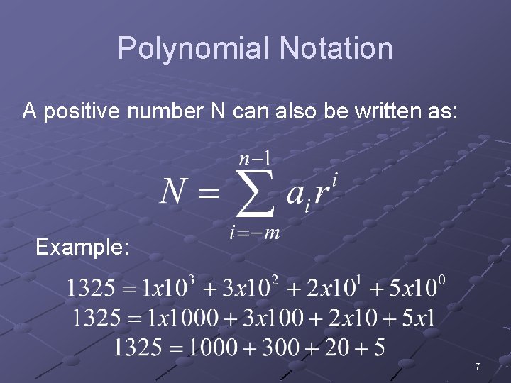 Polynomial Notation A positive number N can also be written as: Example: 7 