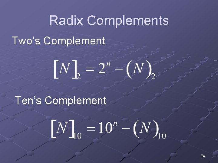 Radix Complements Two’s Complement Ten’s Complement 74 