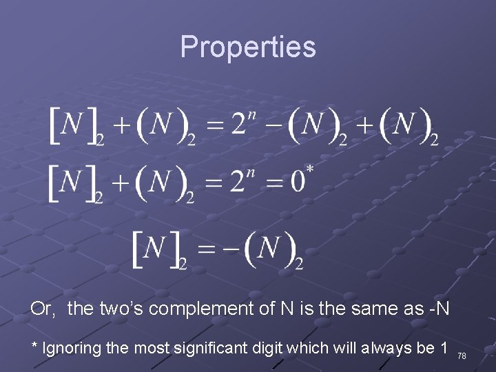 Properties Or, the two’s complement of N is the same as -N * Ignoring