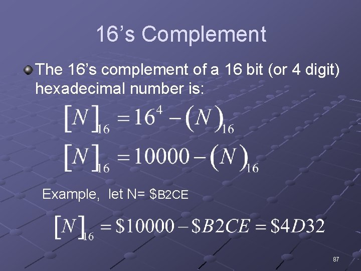 16’s Complement The 16’s complement of a 16 bit (or 4 digit) hexadecimal number