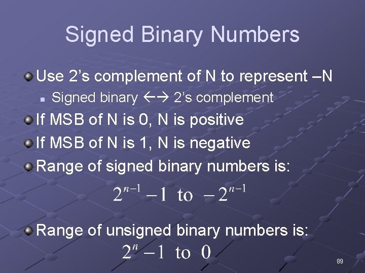 Signed Binary Numbers Use 2’s complement of N to represent –N n Signed binary