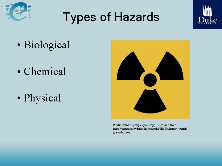 Types of Hazards • Biological • Chemical • Physical Public Domain (simple geometry). Retrieved