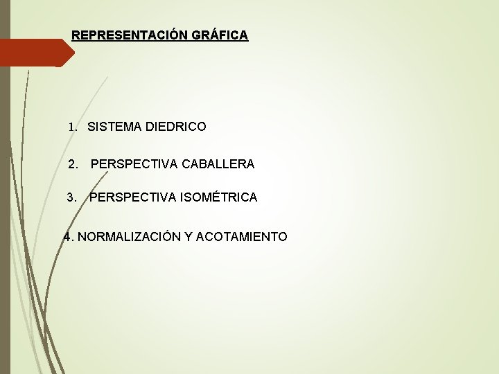 REPRESENTACIÓN GRÁFICA 1. SISTEMA DIEDRICO 2. PERSPECTIVA CABALLERA 3. PERSPECTIVA ISOMÉTRICA 4. NORMALIZACIÓN Y