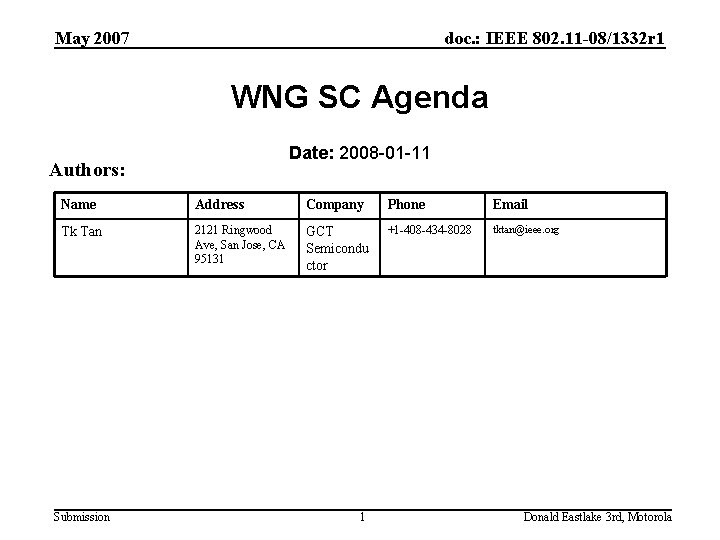 May 2007 doc. : IEEE 802. 11 -08/1332 r 1 WNG SC Agenda Date: