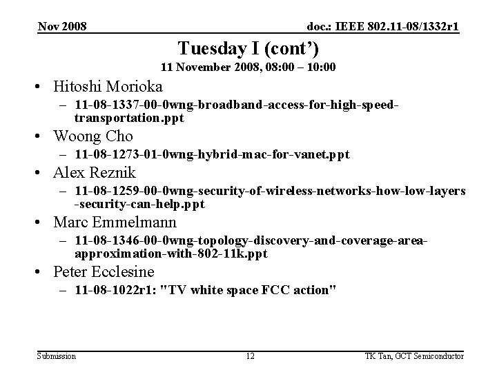 Nov 2008 doc. : IEEE 802. 11 -08/1332 r 1 Tuesday I (cont’) 11
