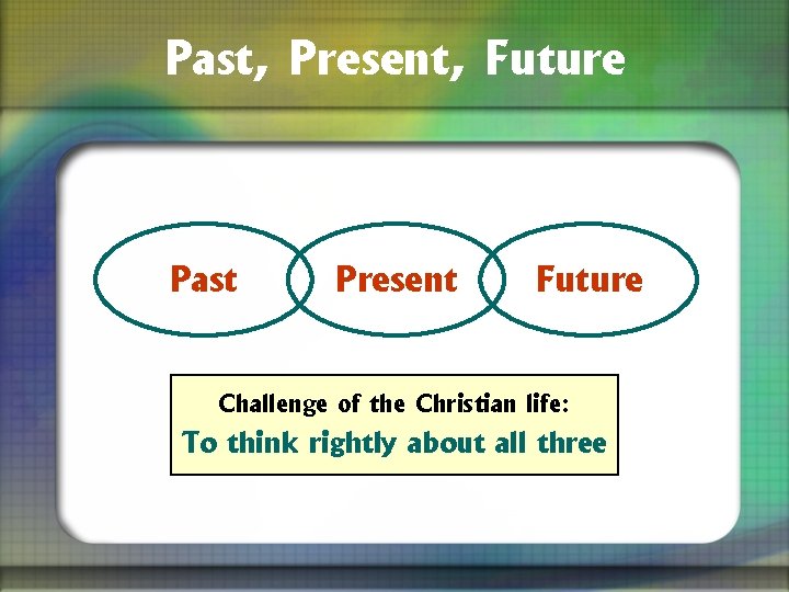 Past, Present, Future Past Present Future Challenge of the Christian life: To think rightly