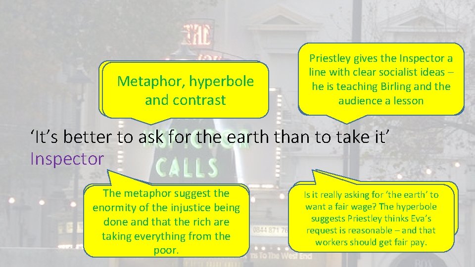 Metaphor, hyperbole Technique? and contrast Priestley gives the Inspector a line with clear socialist