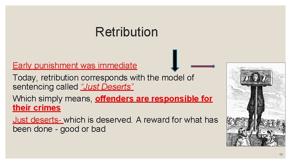 Retribution Early punishment was immediate Today, retribution corresponds with the model of sentencing called