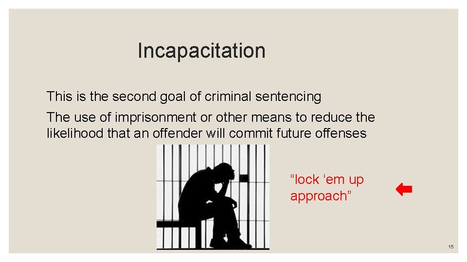 Incapacitation This is the second goal of criminal sentencing The use of imprisonment or