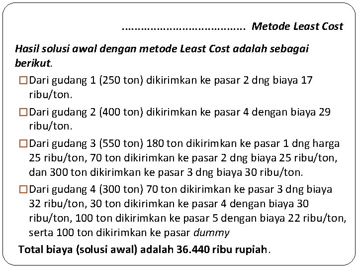 . . . . . Metode Least Cost Hasil solusi awal dengan metode Least