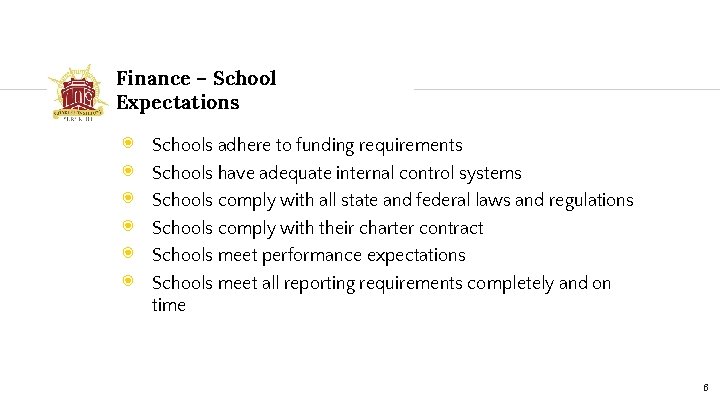 Finance – School Expectations ◉ ◉ ◉ Schools adhere to funding requirements Schools have