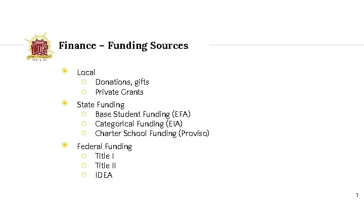 Finance – Funding Sources ◉ Local ○ Donations, gifts ○ Private Grants ◉ State