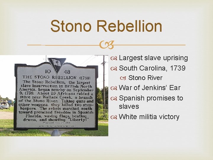 Stono Rebellion Largest slave uprising South Carolina, 1739 Stono River War of Jenkins’ Ear