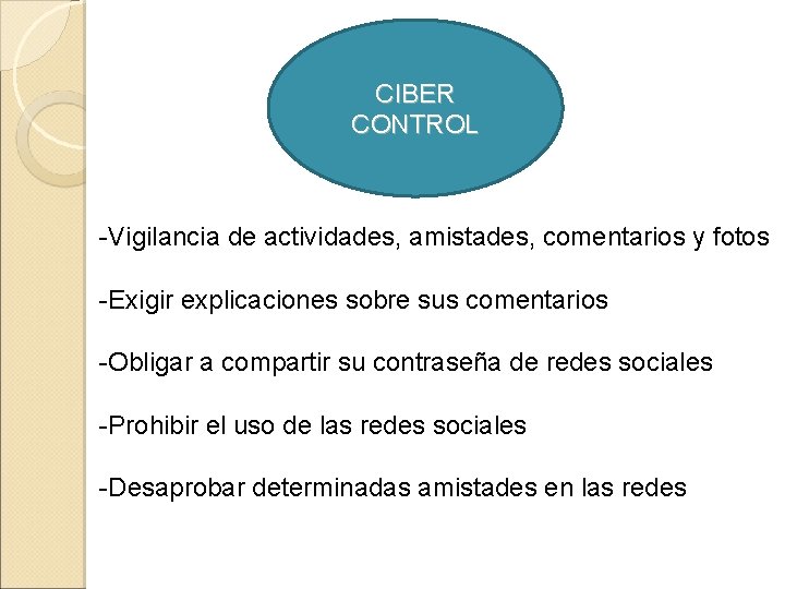 CIBER CONTROL -Vigilancia de actividades, amistades, comentarios y fotos -Exigir explicaciones sobre sus comentarios