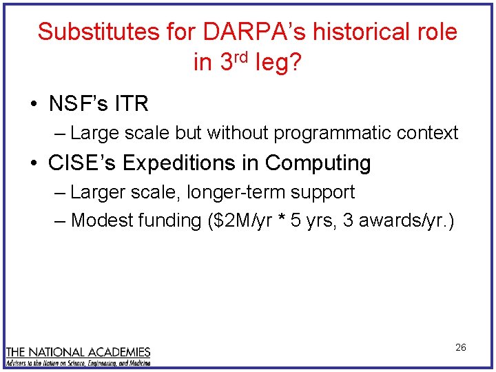 Substitutes for DARPA’s historical role in 3 rd leg? • NSF’s ITR – Large