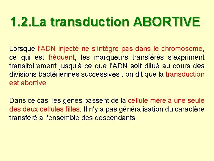 1. 2. La transduction ABORTIVE Lorsque l’ADN injecté ne s’intègre pas dans le chromosome,