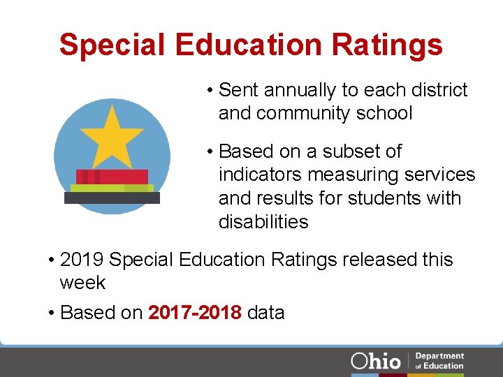 Special Education Ratings • Sent annually to each district and community school • Based Special Education Ratings • Sent annually to each district and community school • Based
