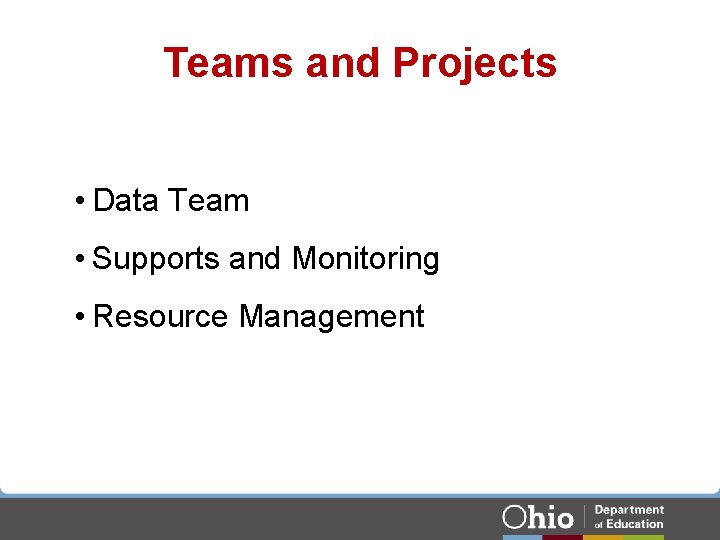 Teams and Projects • Data Team • Supports and Monitoring • Resource Management Teams and Projects • Data Team • Supports and Monitoring • Resource Management