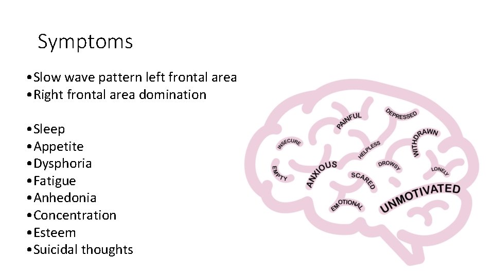 Symptoms • Slow wave pattern left frontal area • Right frontal area domination •