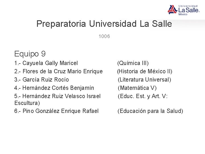 Preparatoria Universidad La Salle 1006 Equipo 9 1. - Cayuela Gally Maricel 2. -