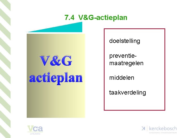 7. 4 V&G-actieplan doelstelling V&G actieplan preventiemaatregelen middelen taakverdeling 10 